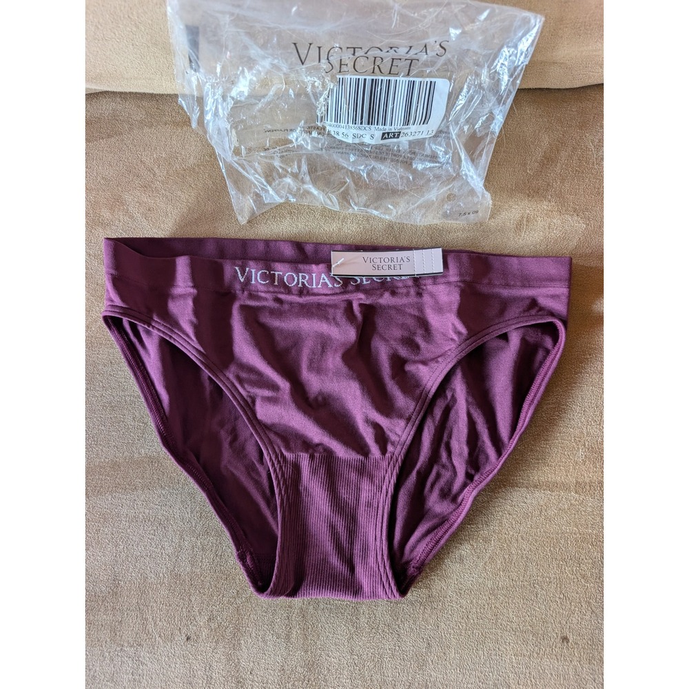 Victorias Secret Seamless Bikini Panty Plum Purple Logo Waistband S NWT
